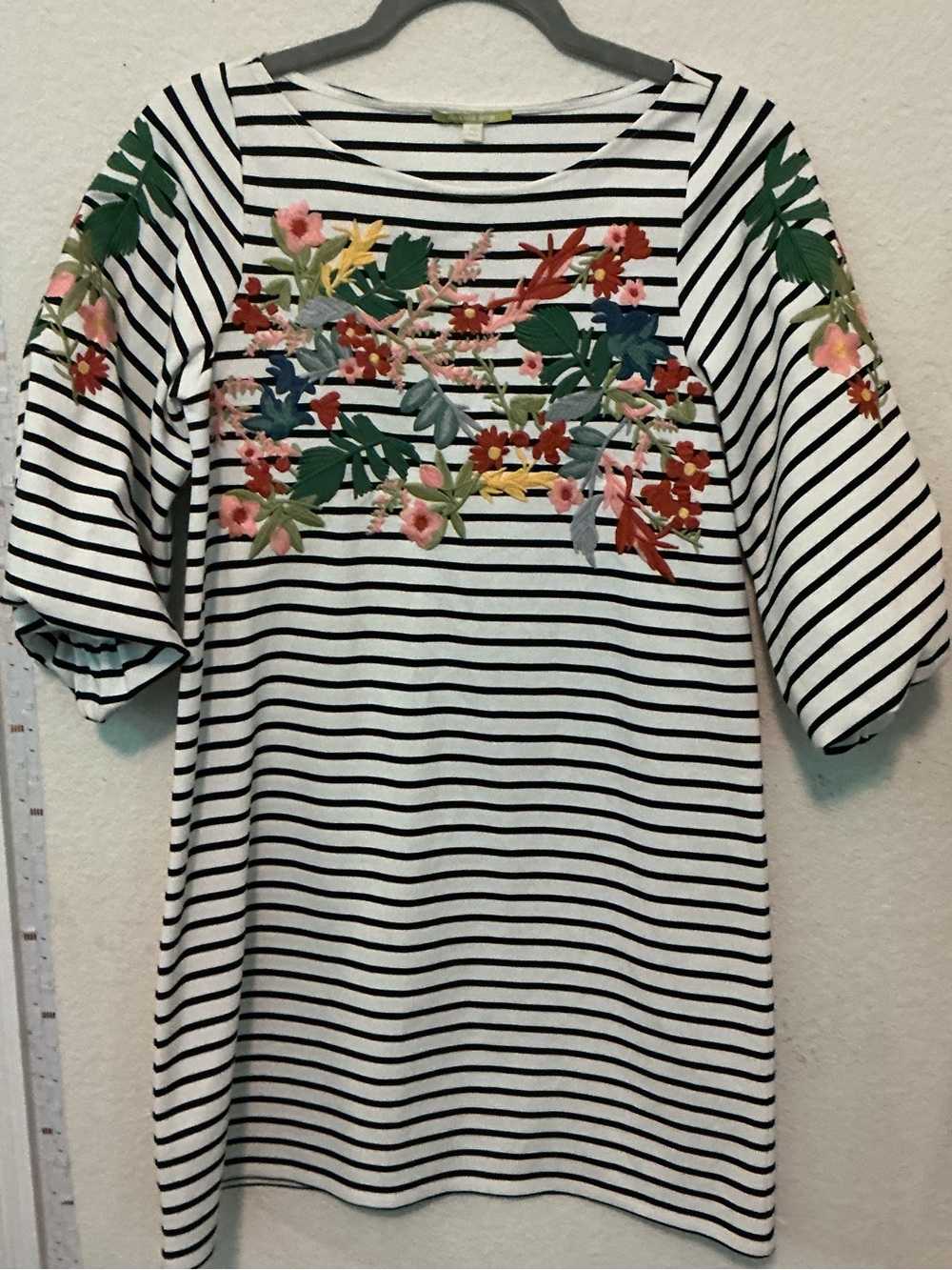 Gianni Bini Black & White Striped Tunic with Multicolor Floral Embroidery